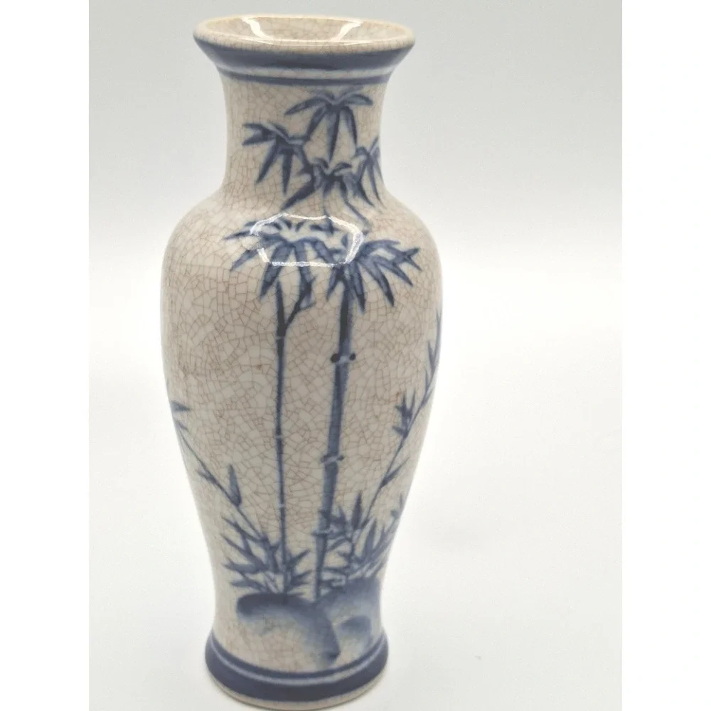 Blue and White Chinese  Bamboo Crackle Glaze Ceramic Bud Vase Vintage Style